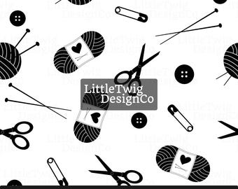 May include: Black and white seamless pattern featuring various sewing and knitting supplies, including yarn balls, scissors, safety pins, needles, and buttons. The pattern is repeated throughout the image. The text "LittleTwig DesignCo" is included in the pattern.