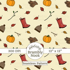 Op de afbeelding: Een naadloos patroon met herfstthema-illustraties. Het ontwerp bevat oranje pompoenen, rode laarzen, bruine handschoenen, mutsen en herfstbladeren op een crèmekleurige achtergrond. De tekst "Brambly Nook" en "Seamless Pattern" zijn ook aanwezig.