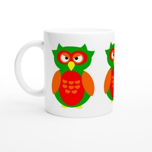 Taza de búho de colores brillantes, taza de café de búho, ideas de regalo de búho, taza de té de búho de dibujos animados, taza de cerámica blanca de 11 oz