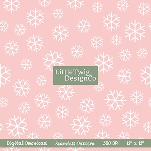 Motif flocon de neige sans couture - papier numérique hiver, fond de Noël, design rose et blanc, tissu numérique pour les fêtes, téléchargement immédiat