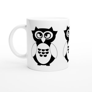 Taza de búho blanco y negro, ideas de regalo de búho, taza de café de búho, linda taza de búho de dibujos animados, taza de té de búho sabio, taza de cerámica blanca de 11 oz