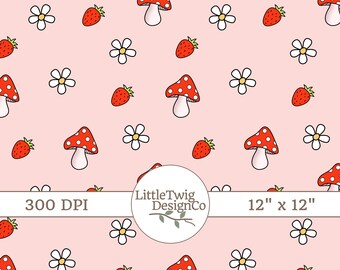 Strawberry Toadstool Seamless Pattern – Hand Drawn Pink Cottage Core Digital Paper | Summer Repeating Pattern for Crafts and Textiles