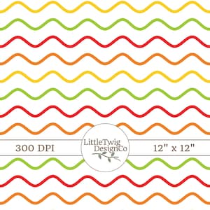 May include: A digital paper with a repeating pattern of wavy lines in red, orange, yellow, and green. The pattern is on a white background. The text "300 DPI" and "12" x 12" is at the bottom of the image. The text "LittleTwig DesignCo" is in a circle in the center of the image.