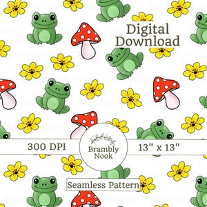 Cute Frog Seamless Pattern, Whimsical Toadstool and Yellow Flower Digital Paper, Cottage Core Repeating Pattern, Fabric Pattern