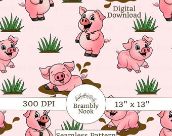 Cute Pig Seamless Pattern, Playful Farm Animal Digital Paper, Piglet Muddy Fun Print, Barnyard Repeating Pattern