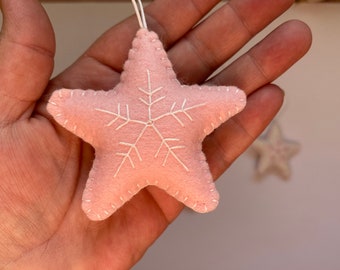 Pink and White Christmas Stars in Wool Felt, Christmas Tree Ornament
