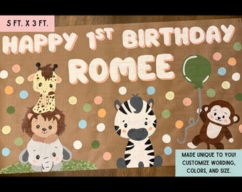 Custom Painted Banner | First Birthday | One | Safari Animals | Butcher Sign | Brown Kraft Paper | Party Banner | Hand Painted | Handmade