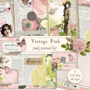 Vintage Pink Roses Junk Journal Kit, Printable Digital Download, Ephemera Pack, Stationery, Scrapbooking and Collage Papers
