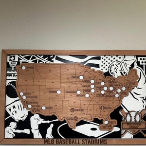 May include: Wooden map of the United States with baseball stadium locations marked. The map is framed with black and white baseball-themed illustrations. The text "MLB Baseball Stadiums" is at the bottom.