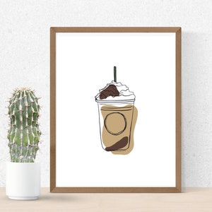 May include: A framed illustration of a single-line drawing of a coffee drink with whipped cream and a straw. The drink is in a clear cup with a brown background.