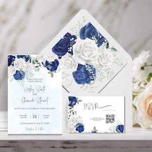 Blue Navy Wedding Invitation Template Set, Floral  Wedding Invites Suite, Elegant  Rose Details RSVP and MAIN INVITATION ,Envelope Liner