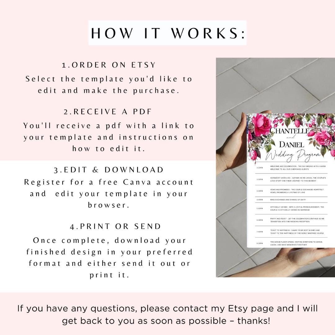 Wedding Program Template With Pink Roses, Wedding Order of Service ...