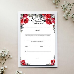 Rote Rose Hochzeitseinladungen mit Eukalyptus Hier können Sie Ihre eigenen, blanko Hochzeitseinladungen schreiben