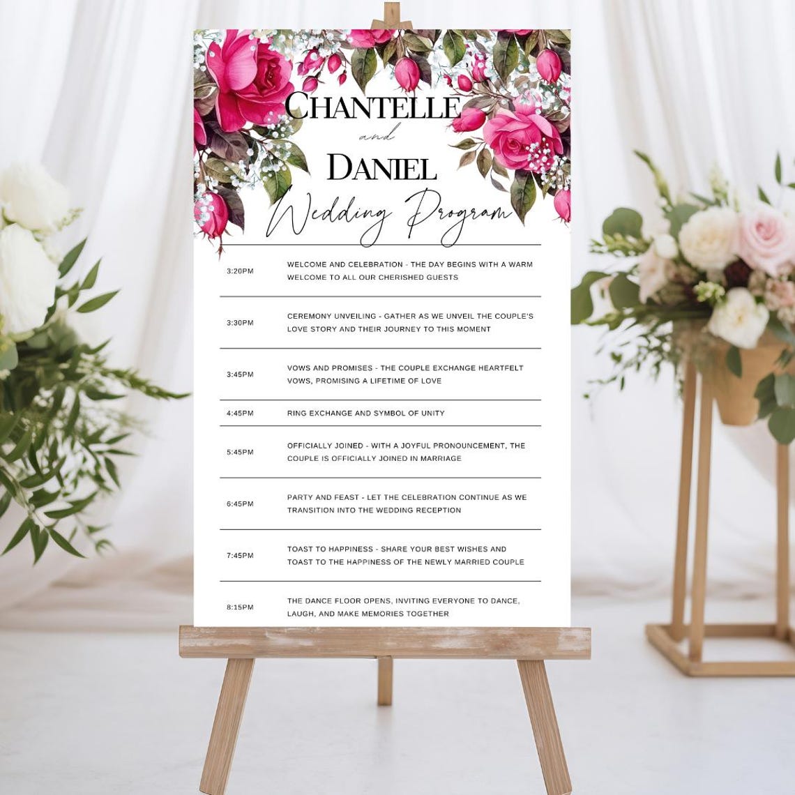 Wedding Program Template With Pink Roses, Wedding Order of Service ...