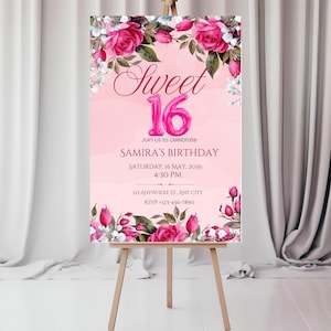 Letrero de bienvenida para dieciséis años / Plantilla editable / Descarga instantánea / Edición GRATUITA en Canva / Tamaños 24 x 36, 18 x 24, 16 x 20 / Rosa fuerte moderno