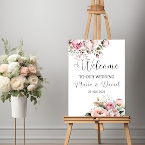 Blush Pink Wedding , Welcome Sign , Soft Pink Editable Welcome Poster . Floral Printable Wedding Welcome Board  ,Editable Template , Peony