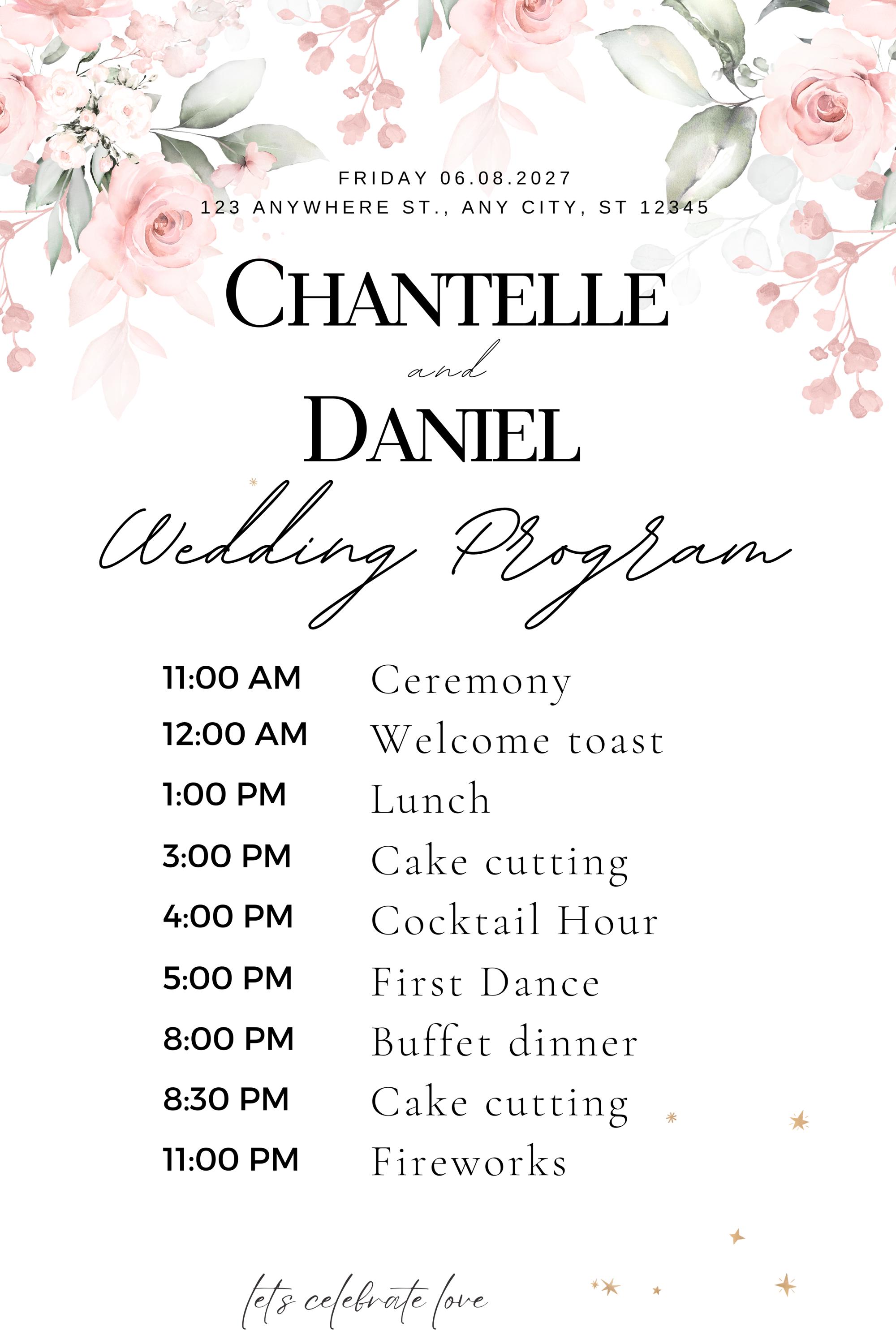 Wedding Program Template With Pink Roses, Wedding Order of Service ...