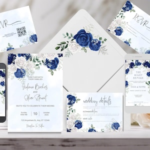 Wedding Invitation Bundle Template, Printable Royal Blue Flowers Invite Set, Qr code Rsvp, Editable  Floral Wedding Invite wedding suite