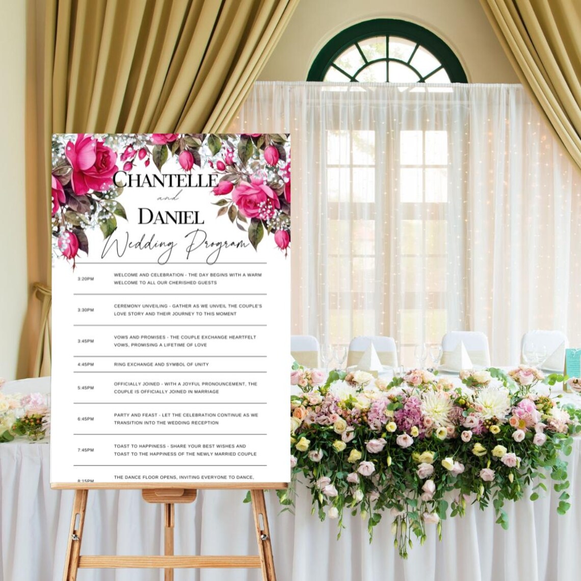 Wedding Program Template With Pink Roses, Wedding Order of Service ...