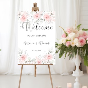 Panneau de bienvenue pour mariage rose poudré | Poster de bienvenue modifiable rose tendre | Tableau de bienvenue de mariage imprimable floral | Modèle modifiable | rose
