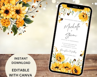 Electronic Invite Sunflower Wedding, Digital Wedding Invitation, Electronic Text Invite, Sunflower Electronic Wedding Invitation, Rustic.