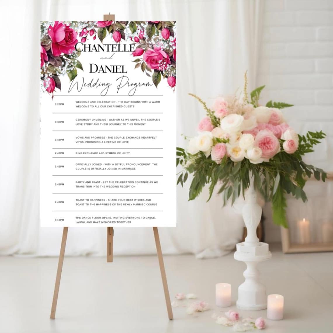 Wedding Program Template With Pink Roses, Wedding Order of Service ...