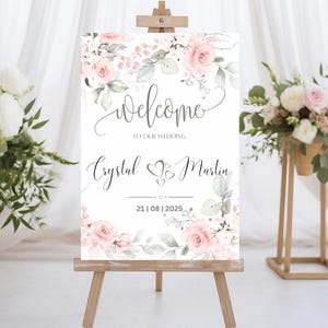 Panneau de bienvenue pour mariage rose poudré | Poster de bienvenue modifiable rose tendre | Tableau de bienvenue de mariage imprimable floral | Modèle modifiable | ROSE