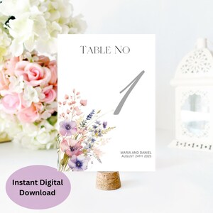 Wildflower Wedding Table Numbers Template, Printable Table Numbers, Wedding Table Numbers, Boho Wildflower Invitation, Floral table numbers