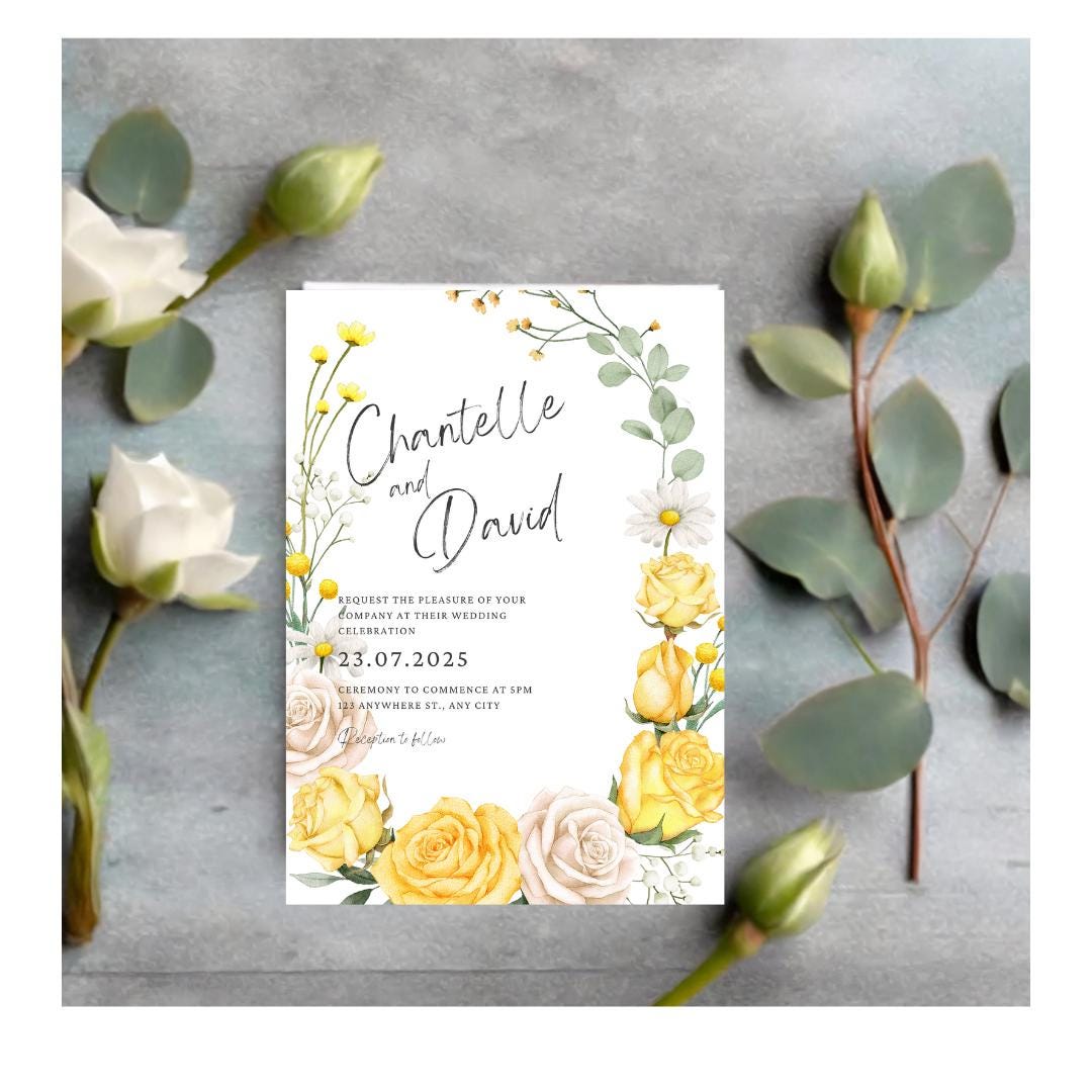 Yellow and White Rose Wedding Invitations, Yellow Wedding Invitation ...