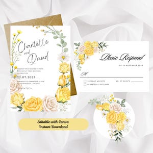 Gele en witte roos huwelijksuitnodigingen, gele trouwkaart set, bedrukte bloemen bruiloft uitnodigingen met enveloppen, mooie uitnodiging