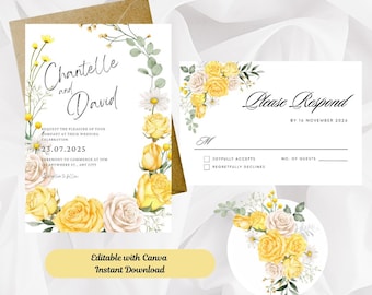 Yellow And White Rose Wedding Invitations, Yellow Wedding Invitation set, Printed Floral Wedding Invites With Envelopes, Pretty Invitation