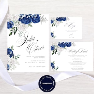 Modèle de lot de faire-part de mariage rose blanc bleu marine, faire-part de mariage bleu marine ensemble floral, imprimable, modifiable suite bleu marine