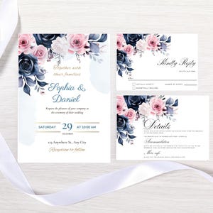 Blush Pink Blue Navy Wedding Invitation Bundle Template Printable Royal Blue Wedding Invite Suite Editable Pink Wedding invite Set