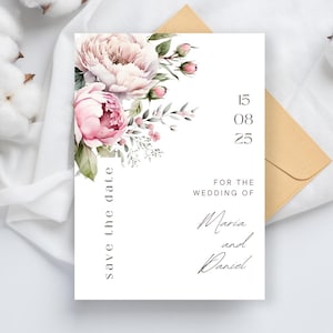 Hochzeits-Bundle-Einladungsvorlage, druckbare rosa Pfingstrosenblumen laden ein, Rsvp, speichern Sie das Datum, bearbeitbare Blumenhochzeitseinladung