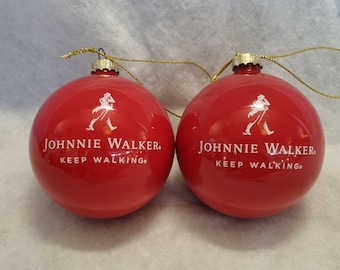 2 Johnny Walker Christmas tree ornaments glass bauble.