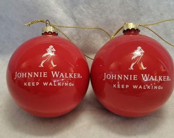 Johnnie Walker Christmas Ornaments – Red Glass Baubles Set of 2 – Branded Holiday Decor – Keep Walking Edition