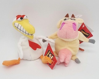 Vintage Cow and Chicken plush bean bags. New, all tags attached.