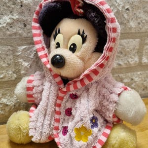 May include: A plush pink and red striped hooded robe with embroidered flowers, worn by a plush Mickey Mouse character.