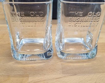 The Old Bushmills Distillery 1608, Thick Clear Embossed Irish Whiskey Glasses. Set of 2.