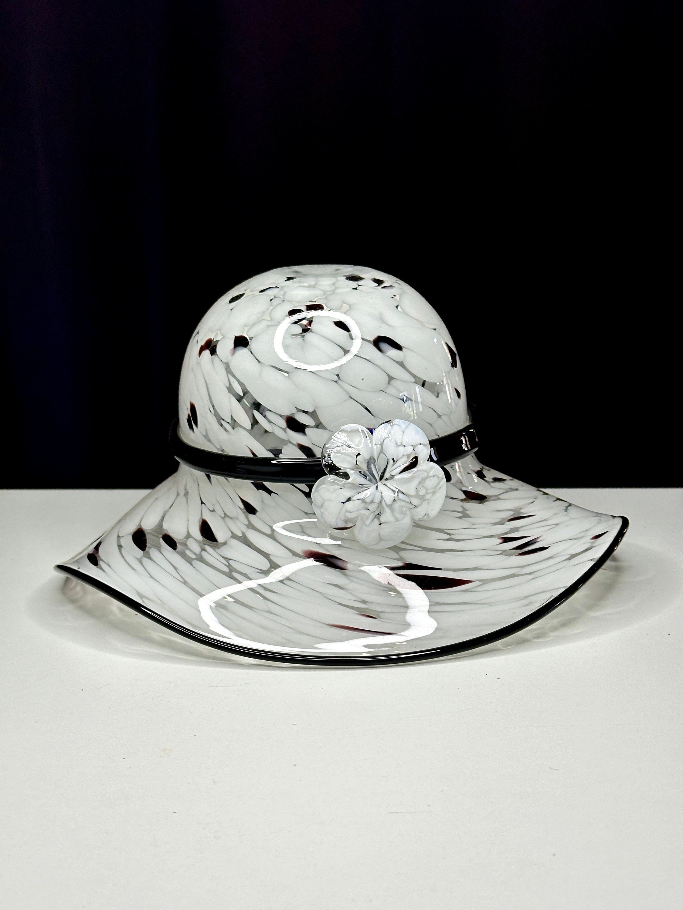 Vintage Murano Style Black and White Floral Hat Bowl/vintage