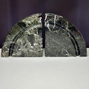 Vintage Black Marble Bookends – Heavy Stone Half-Circle Pair with Carved Grooves – Mid Century Modern Office Decor-Vintage Bookends