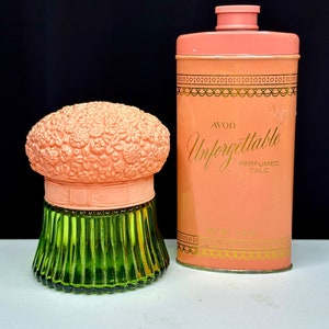 Set of Two Vintage Avon Products/Vintage Unopened Avon ‘Unforgettable’ Perfumed Talc/Vintage Avon Field of Flowers Glass Bottle/Vintage Avon