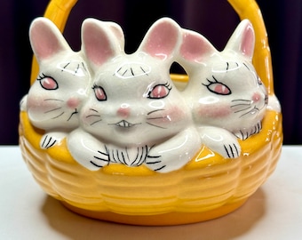 Adorable Vintage Ceramic Basket of Bunnies/Vintage Easter Decor/Vintage Ceramic Easter Bunny Basket