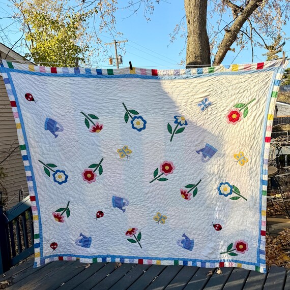 Vintage Handmade Reversible Patchwork Quilt – Whimsical Appliqué Flowers & Tea Cups + Colorful Checkerboard – Large Cozy Cottagecore Quilt