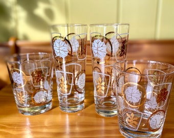 Gorgeous Set of Four MCM Federal Glass “Glen Echo” Golden Leaves Highball Glasses/Tumblers
