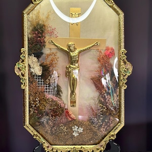 Antique Framed Jesus Crucifix Diorama | 3D Shadow Box with Pressed Flowers | Ornate Religious Wall Art | Catholic Home Decor