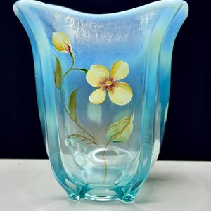 Vintage Fenton Opalescent Aquamarine Floral Vase/Vintage Hand Painted Fenton Art Vase/Fenton Collector