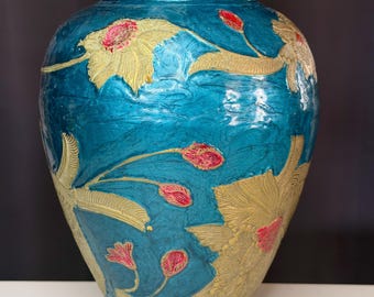 Vintage Indian Brass Enamel Vase | Hand-Painted Floral Metal Vase | Turquoise & Gold Decor | Boho Global Home Accent