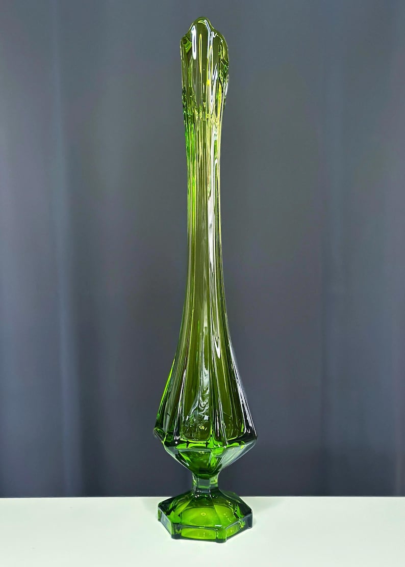 Vintage 24” Viking Glass Vase – Epic Green Swung Glass Pedestal Vase – Mid-Century Modern Elegance/Viking Swung Vase image 4