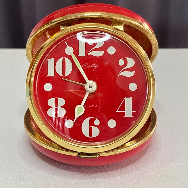 Lovely Vintage Luminous Red Bradley Travel Alarm Clock/MCM Bradley Compact Alarm Clock